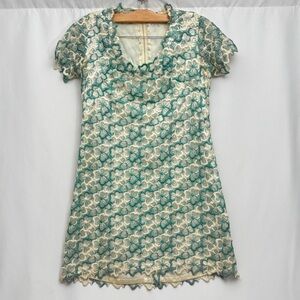Vtg 50s 60s Blue Floral Embroidered Day Dress Pinup Rockabilly Sundress Medium